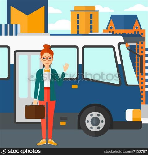 A woman standing at the entrance door of bus on the background of bus stop with skyscrapers behind vector flat design illustration. Square layout.. Woman standing near bus.