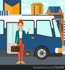 A woman standing at the entrance door of bus on the background of bus stop with skyscrapers behind vector flat design illustration. Square layout.. Woman standing near bus.