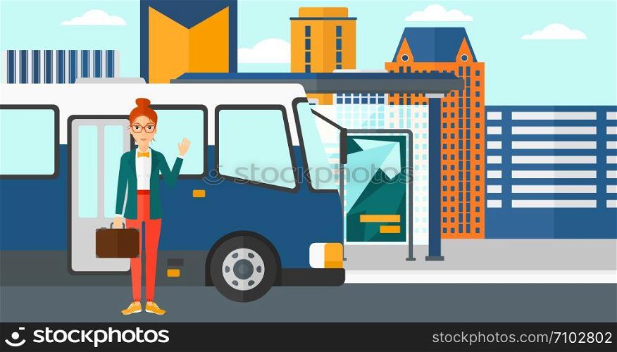 A woman standing at the entrance door of bus on the background of bus stop with skyscrapers behind vector flat design illustration. Horizontal layout.. Woman standing near bus.