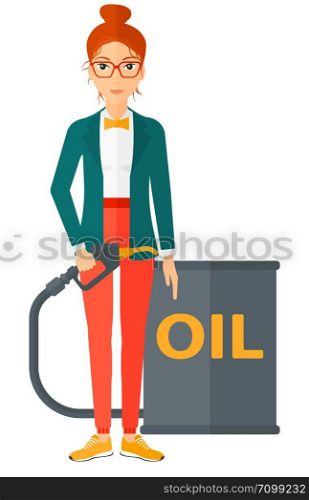 A woman standing beside the oil can and holding filling nozzle vector flat design illustration isolated on white background. Vertical layout.. Woman with oil can and filling nozzle.