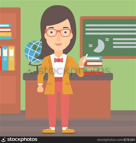 A woman standing in classroom in front of the blackboard with a piece of chalk in her hand vector flat design illustration. Square layout. . Woman with chalk in hand.