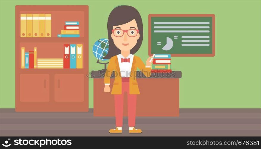 A woman standing in classroom in front of the blackboard with a piece of chalk in her hand vector flat design illustration. Horizontal layout. . Woman with chalk in hand.