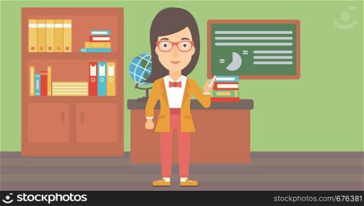 A woman standing in classroom in front of the blackboard with a piece of chalk in her hand vector flat design illustration. Horizontal layout. . Woman with chalk in hand.
