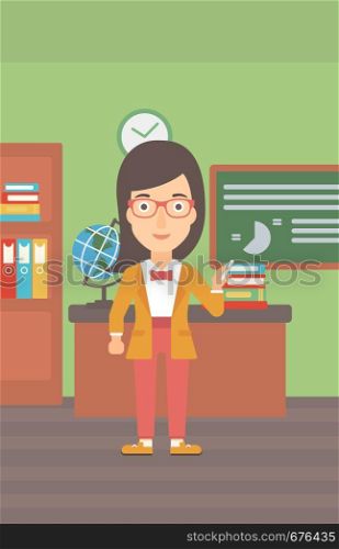 A woman standing in classroom in front of the blackboard with a piece of chalk in her hand vector flat design illustration. Vertical layout. . Woman with chalk in hand.