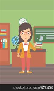 A woman standing in classroom in front of the blackboard with a piece of chalk in her hand vector flat design illustration. Vertical layout. . Woman with chalk in hand.