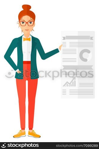 A woman standing in office showing her complete paperwork with some text and charts vector flat design illustration isolated on white background. . Woman presenting report.