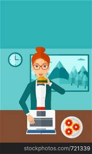 A woman standing in room in front of a laptop while eating junk food vector flat design illustration. Vertical layout.. Woman eating hamburger.
