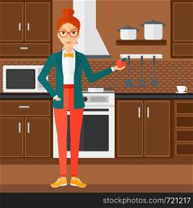 A woman standing in the kitchen and holding an apple in hand vector flat design illustration. Square layout.. Woman holding apple.