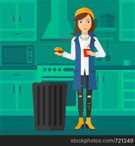 A woman standing in the kitchen and putting junk food into a trash bin vector flat design illustration. Square layout.. Woman throwing junk food.