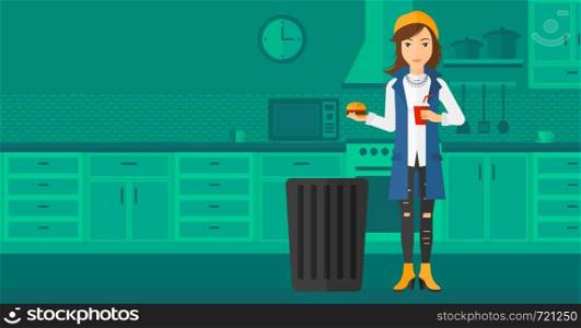 A woman standing in the kitchen and putting junk food into a trash bin vector flat design illustration. Horizontal layout.. Woman throwing junk food.