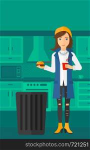 A woman standing in the kitchen and putting junk food into a trash bin vector flat design illustration. Vertical layout.. Woman throwing junk food.