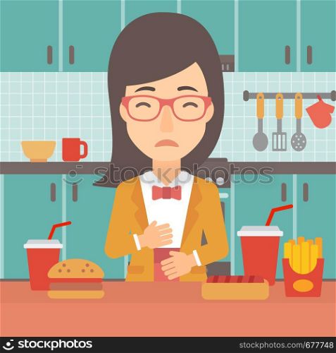 A woman standing in the kitchen in front of table full of junk food and suffering from heartburn vector flat design illustration. Square layout.. Woman suffering from heartburn.