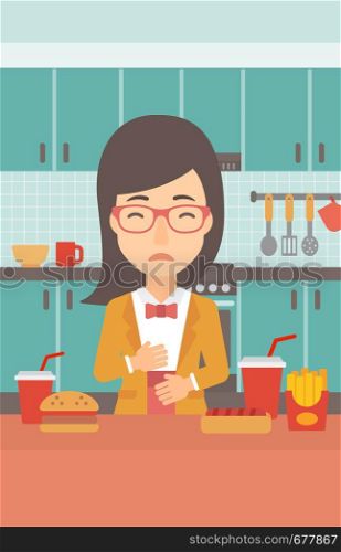 A woman standing in the kitchen in front of table full of junk food and suffering from heartburn vector flat design illustration. Vertical layout.. Woman suffering from heartburn.