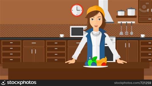 A woman standing in the kitchen in front of table full of organic healthy food vector flat design illustration. Horizontal layout.. Woman with healthy food.