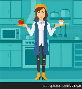 A woman standing in the kitchen with apple and cake in hands symbolizing choice between healthy and unhealthy food vector flat design illustration. Square layout.. Woman with apple and cake.