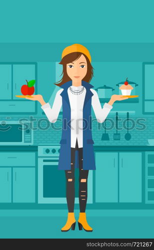 A woman standing in the kitchen with apple and cake in hands symbolizing choice between healthy and unhealthy food vector flat design illustration. Vertical layout.. Woman with apple and cake.