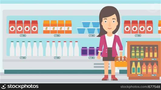A woman standing in the supermarket and holding a pack of beer vector flat design illustration. Horizontal layout.. Woman with pack of beer.