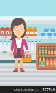 A woman standing in the supermarket and holding a pack of beer vector flat design illustration. Vertical layout.. Woman with pack of beer.