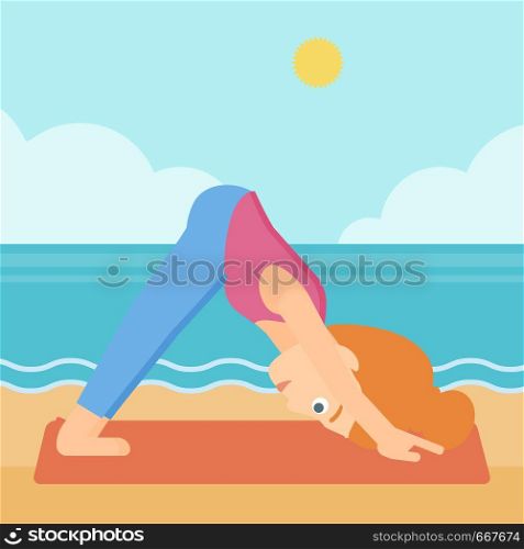 A woman standing in yoga downward facing dog pose on the beach vector flat design illustration. Square layout.. Woman practicing yoga.