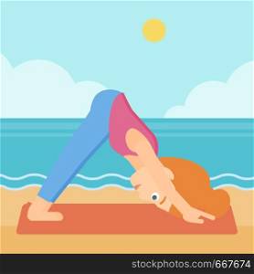A woman standing in yoga downward facing dog pose on the beach vector flat design illustration. Square layout.. Woman practicing yoga.