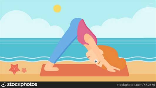 A woman standing in yoga downward facing dog pose on the beach vector flat design illustration. Horizontal layout.. Woman practicing yoga.