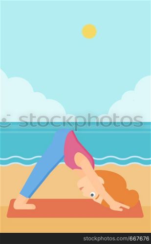 A woman standing in yoga downward facing dog pose on the beach vector flat design illustration. Vertical layout.. Woman practicing yoga.