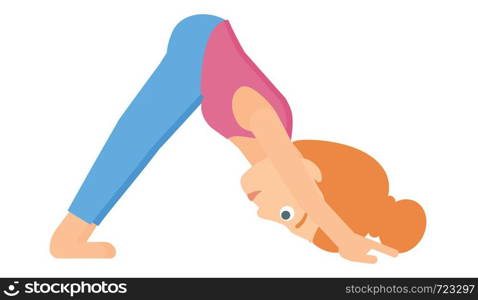 A woman standing in yoga downward facing dog pose vector flat design illustration isolated on white background. . Woman practicing yoga.