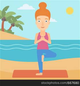 A woman standing in yoga tree pose on the beach vector flat design illustration. Square layout.. Woman practicing yoga.