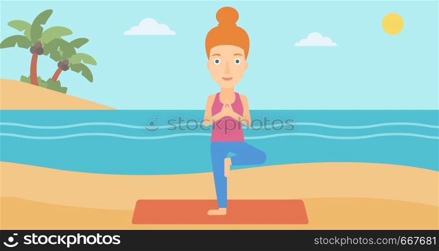 A woman standing in yoga tree pose on the beach vector flat design illustration. Horizontal layout.. Woman practicing yoga.