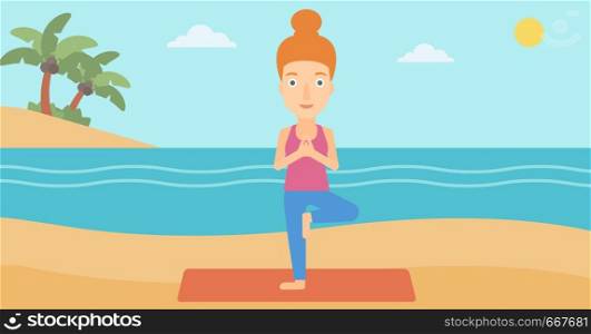 A woman standing in yoga tree pose on the beach vector flat design illustration. Horizontal layout.. Woman practicing yoga.