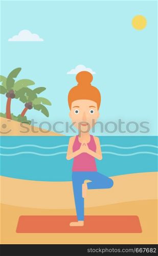A woman standing in yoga tree pose on the beach vector flat design illustration. Vertical layout.. Woman practicing yoga.