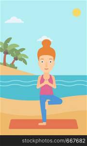 A woman standing in yoga tree pose on the beach vector flat design illustration. Vertical layout.. Woman practicing yoga.