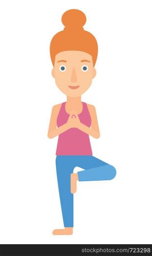 A woman standing in yoga tree pose vector flat design illustration isolated on white background. . Woman practicing yoga.
