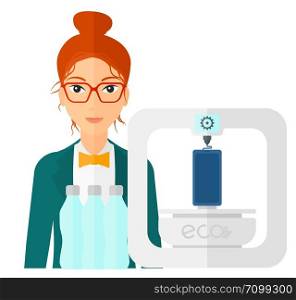 A woman standing near 3D printer making a smartphone using recycled plastic vector flat design illustration isolated on white background. . Woman with three D printer.