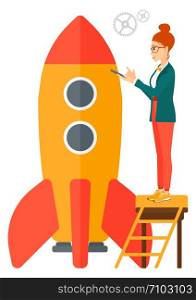 A woman standing on ladder and engeneering a rocket vector flat design illustration isolated on white background. . Business start up.