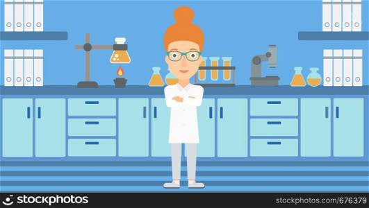 A woman standing on the background of laboratory vector flat design illustration. Horizontal layout.. Female laboratory assistant.
