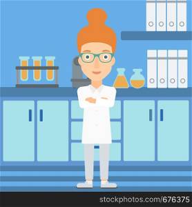A woman standing on the background of laboratory vector flat design illustration. Square layout.. Female laboratory assistant.