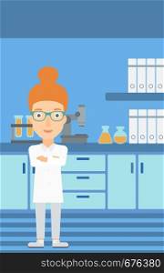 A woman standing on the background of laboratory vector flat design illustration. Vertical layout.. Female laboratory assistant.
