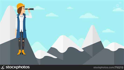 A woman standing on the top of mountain and looking through spyglass on the background of blue sky vector flat design illustration. Horizontal layout.. Business woman looking through spyglass.