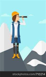 A woman standing on the top of mountain and looking through spyglass on the background of blue sky vector flat design illustration. Vertical layout.. Business woman looking through spyglass.