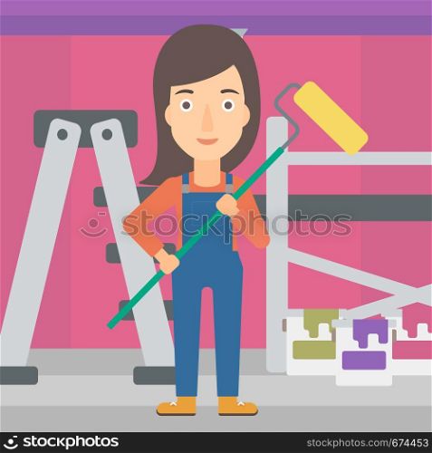 A woman standing with a paint roller on a background of room with paint cans and ladder vector flat design illustration. Square layout.. Painter with paint roller.