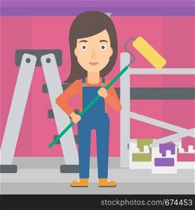 A woman standing with a paint roller on a background of room with paint cans and ladder vector flat design illustration. Square layout.. Painter with paint roller.
