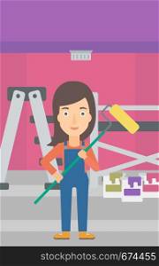 A woman standing with a paint roller on a background of room with paint cans and ladder vector flat design illustration. Vertical layout.. Painter with paint roller.
