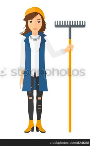 A woman standing with a rake vector flat design illustration isolated on white background. Vertical layout.. Woman standing with rake.