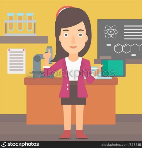 A woman standing with a tablet computer and pointing her forefinger up on the background of chemistry class vector flat design illustration. Square layout.. Woman holding tablet computer.
