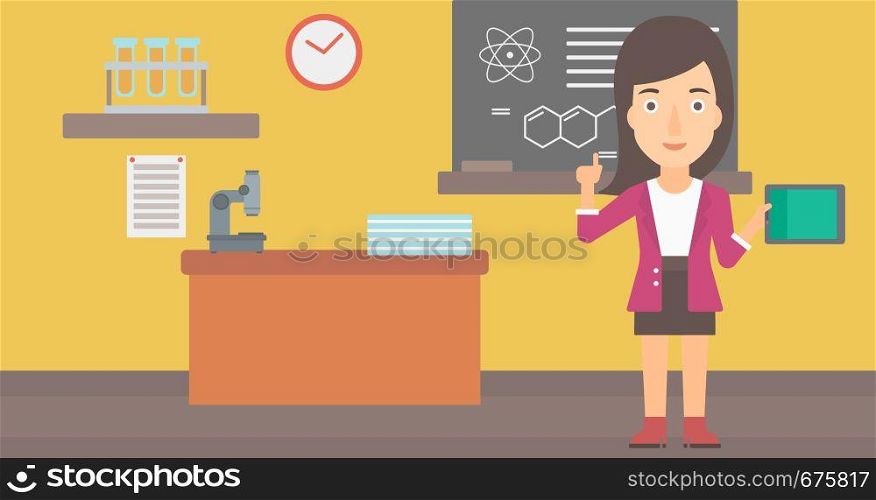 A woman standing with a tablet computer and pointing her forefinger up on the background of chemistry class vector flat design illustration. Horizontal layout.. Woman holding tablet computer.