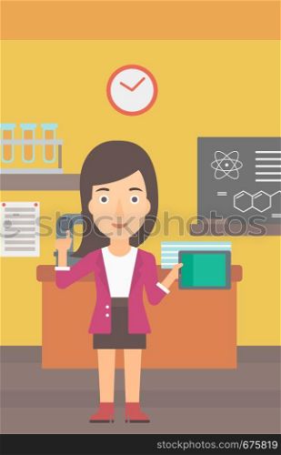 A woman standing with a tablet computer and pointing her forefinger up on the background of chemistry class vector flat design illustration. Vertical layout.. Woman holding tablet computer.