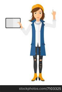 A woman standing with a tablet computer and pointing her forefinger up vector flat design illustration isolated on white background. Vertical layout.. Woman holding tablet computer.