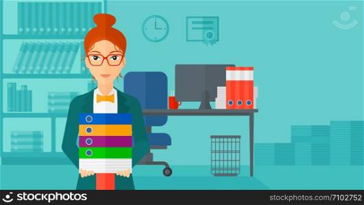 A woman standing with pile of folders on the background of business office vector flat design illustration. Horizontal layout.. Woman holding pile of folders.