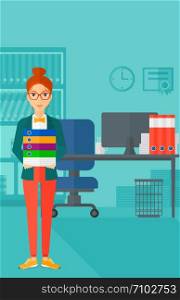 A woman standing with pile of folders on the background of business office vector flat design illustration. Vertical layout.. Woman holding pile of folders.